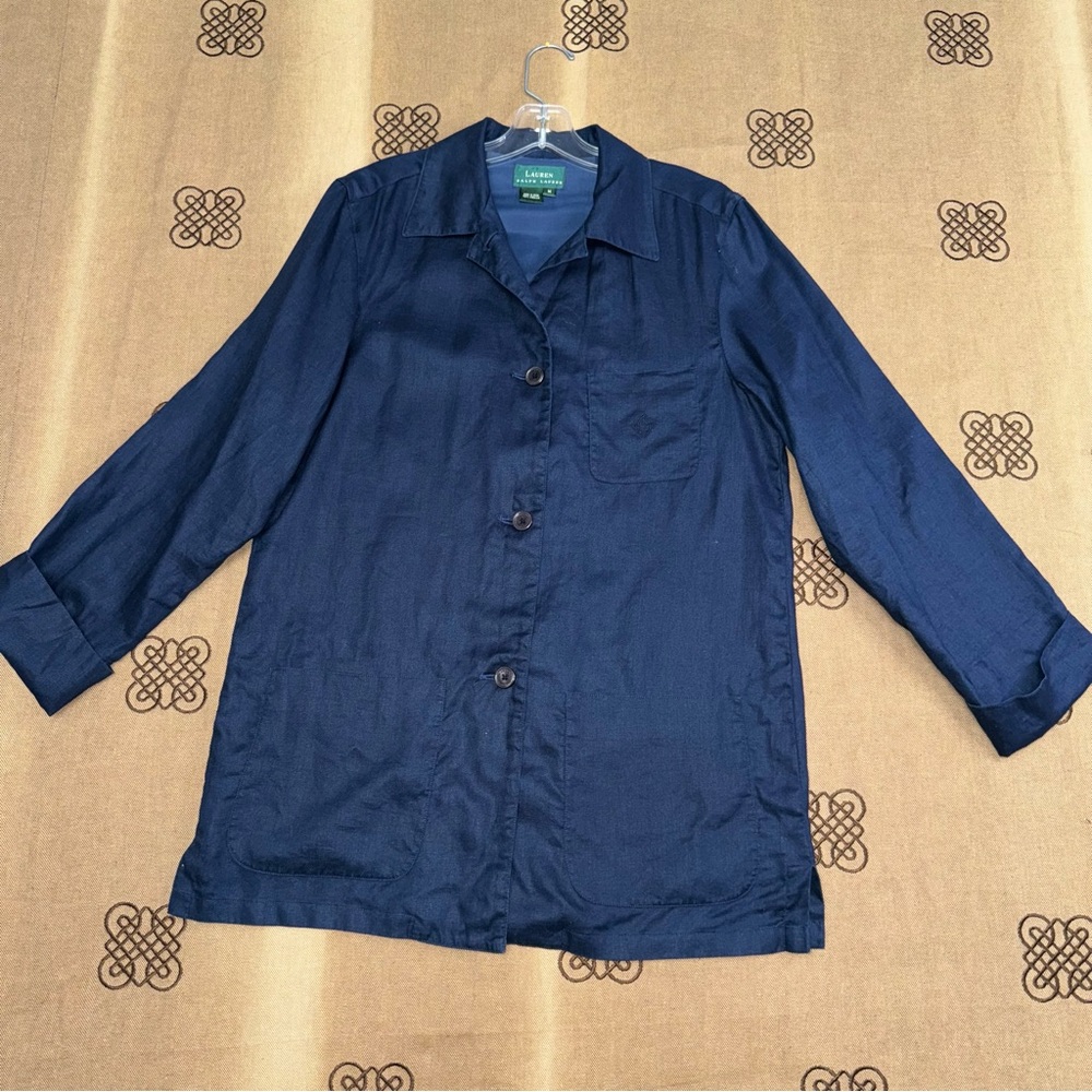 Lauren Ralph Lauren Navy Blue 100% Linen Logo Front Button Jacket Size M